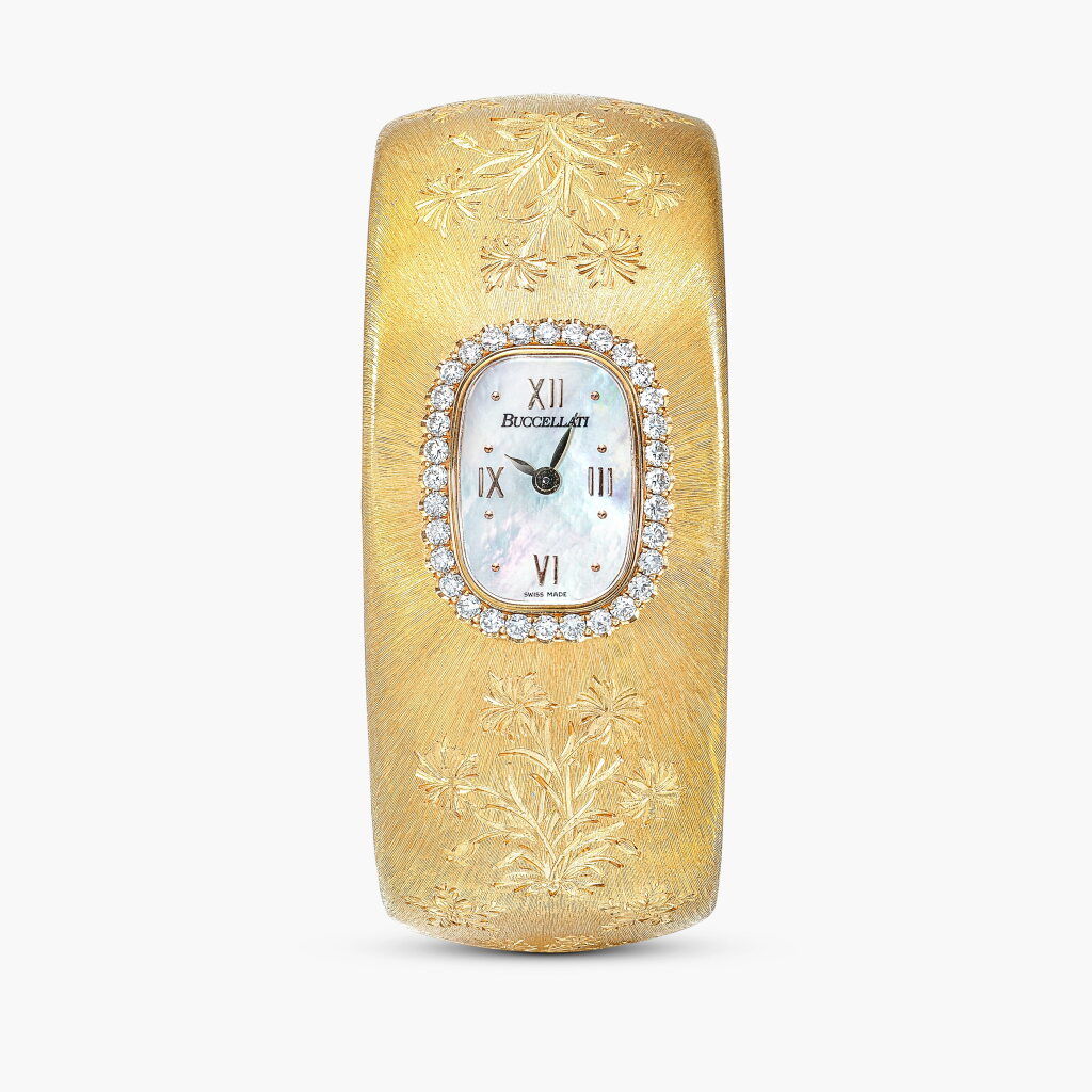 View full screen - View 1 of Lot 1302. Mother-Of -Pearl and Diamond Cuff Wristwatch, Limited Edition | 布契拉提 | 黃金 配 珍珠母貝 及 鑽石 腕錶, 限量款.