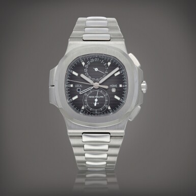 View full screen - View 1 of Lot 412. Nautilus, Ref. 5990/1A-001 | Stainless steel dual time zone flyback chronograph wristwatch with date, dual day/night indication and bracelet | Circa 2021.