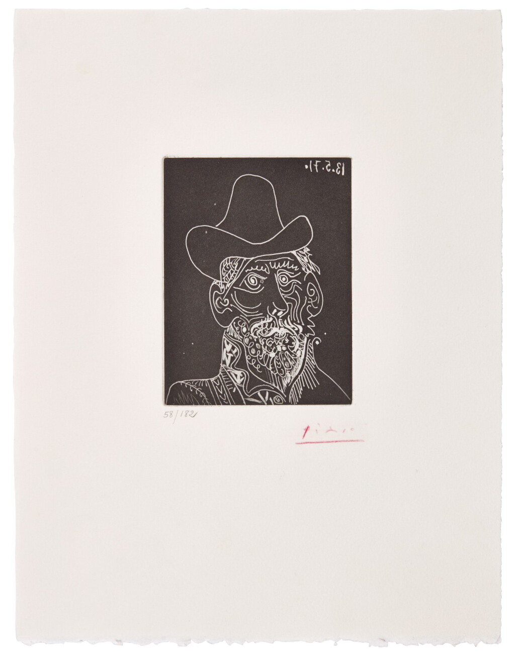 View full screen - View 1 of Lot 208. PABLO PICASSO | BUSTE D'HOMME BARBU AU CHAPEAU (B. 2014; BA. 1989; C. BKS. 151).