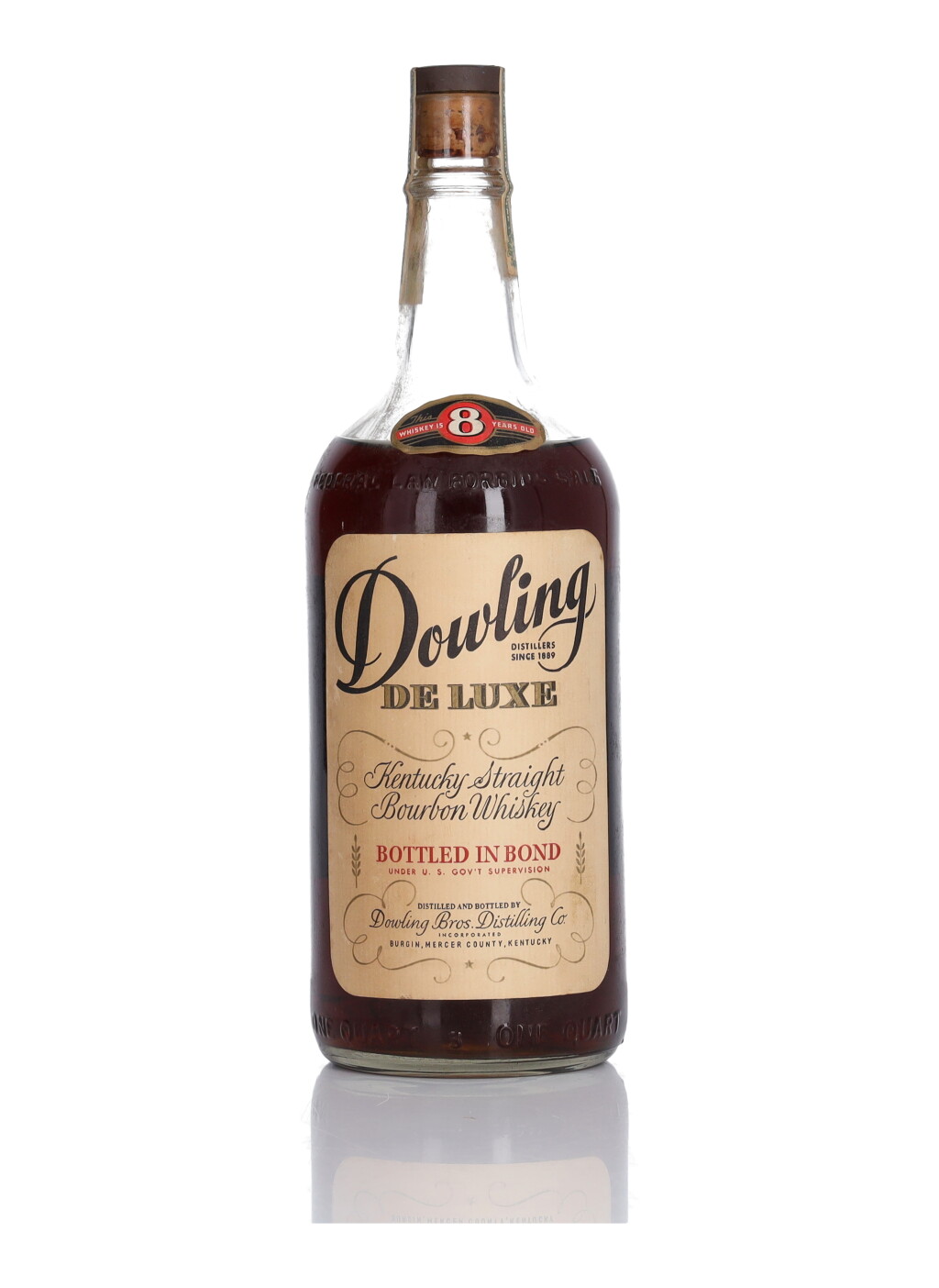 View full screen - View 1 of Lot 179. Dowling Deluxe 8 Year Old Bottled In Bond 100 Proof 1935 (1 Bottle Quart).