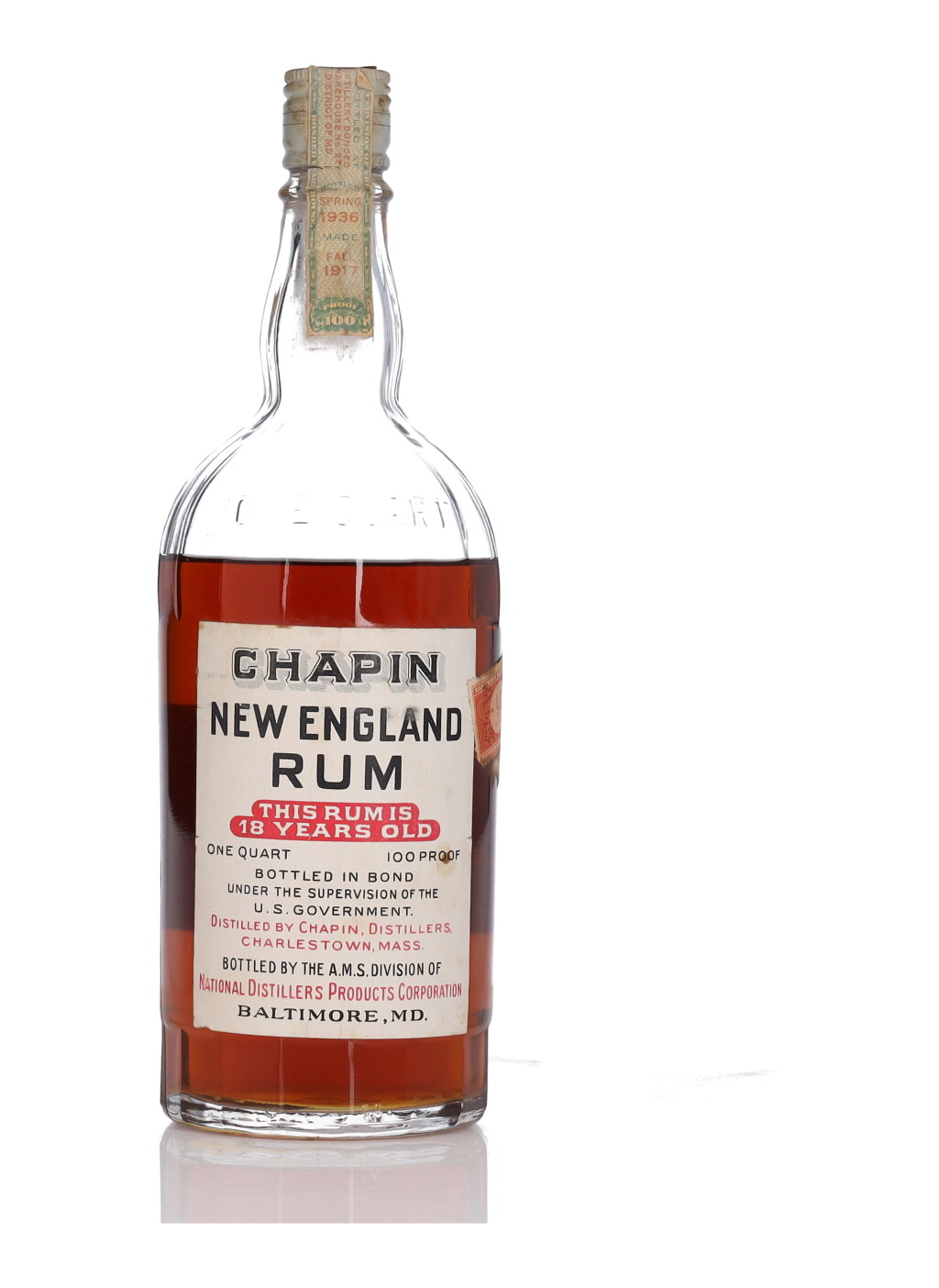 View full screen - View 1 of Lot 67. Chapin New England Rum 18 Year Old 100 Proof 1917 (1 Quart).