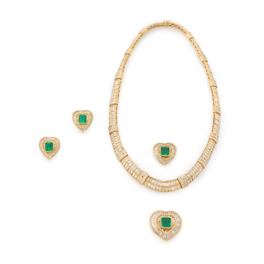 View full screen - View 1 of Lot 8. Set of a diamond necklace with two detachable emerald and diamond pendants and a pair of emerald and diamond earrings.
