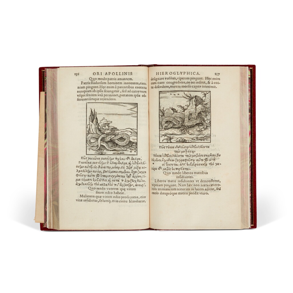 View full screen - View 1 of Lot 100. Horapollo, De sacris notis & sculpturis libri duo, Paris, 1551, red morocco by Palomino-Olalla.