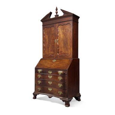 View full screen - View 1 of Lot 850. The Holyoke-Osgood Family Very Fine and Rare Chippendale Carved and Figured Mahogany Reverse-Serpentine Pitch-Pediment Desk-and-Bookcase, Attributed to William King (1754-after 1806), Salem, Massachusetts, Circa 1785.