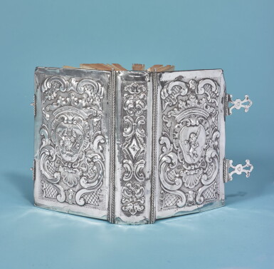 View full screen - View 1 of Lot 124. AN ITALIAN SILVER BOOK BINDING, MAKER'S MARK MB WITH FIGURE HOLDING EMBLEMS BETWEEN PROBABLY FOR MARC'ANTONIO BELOTTO OF PADUA, 1776/88.