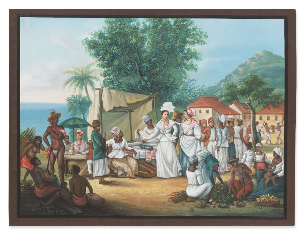 View full screen - View 1 of Lot 219. A market with a linen-stall and vegetable seller in the West Indies.