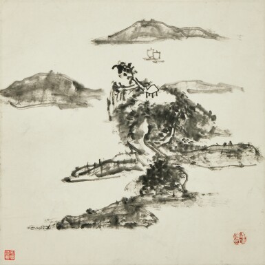 View full screen - View 1 of Lot 453. Landscape, in the style of Huang Binhong | 黃賓虹(款)《山水》設色紙本 鏡框.