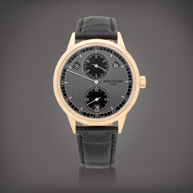 View full screen - View 1 of Lot 712. Reference 5235 | A pink gold annual calendar wristwatch with day, date and regulator dial, Circa 2021 | 百達翡麗 | 型號5235 | 粉紅金年曆腕錶,備日期、星期及規範指針錶盤,約2021年製.