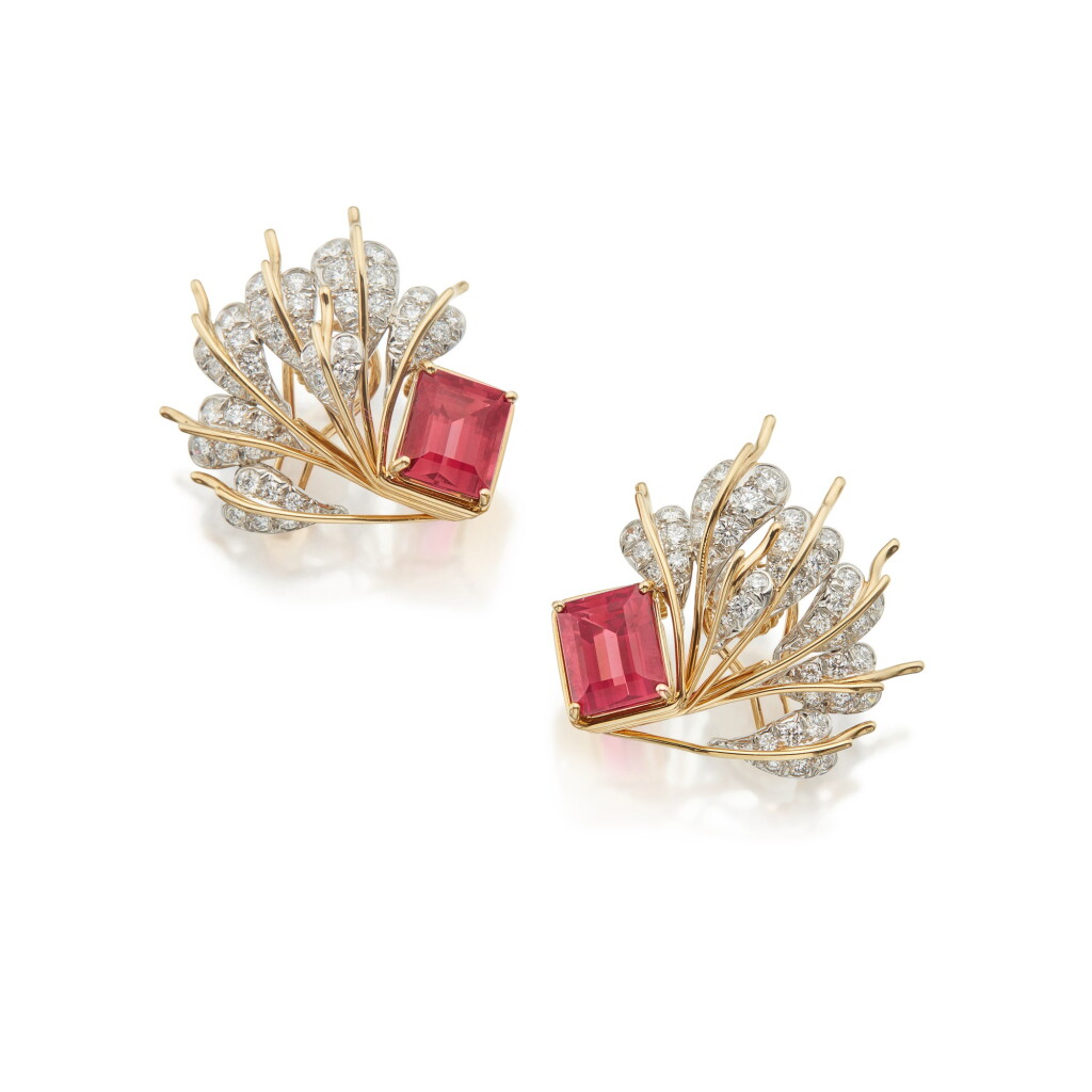 View full screen - View 1 of Lot 10. Schlumberger for Tiffany & Co. | Pair of Rubellite and Diamond Earclips.