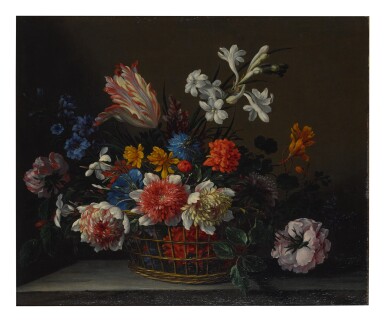 View full screen - View 1 of Lot 49. NICOLAS BAUDESSON | A STILL LIFE OF A BASKET FILLED WITH FLOWERS.