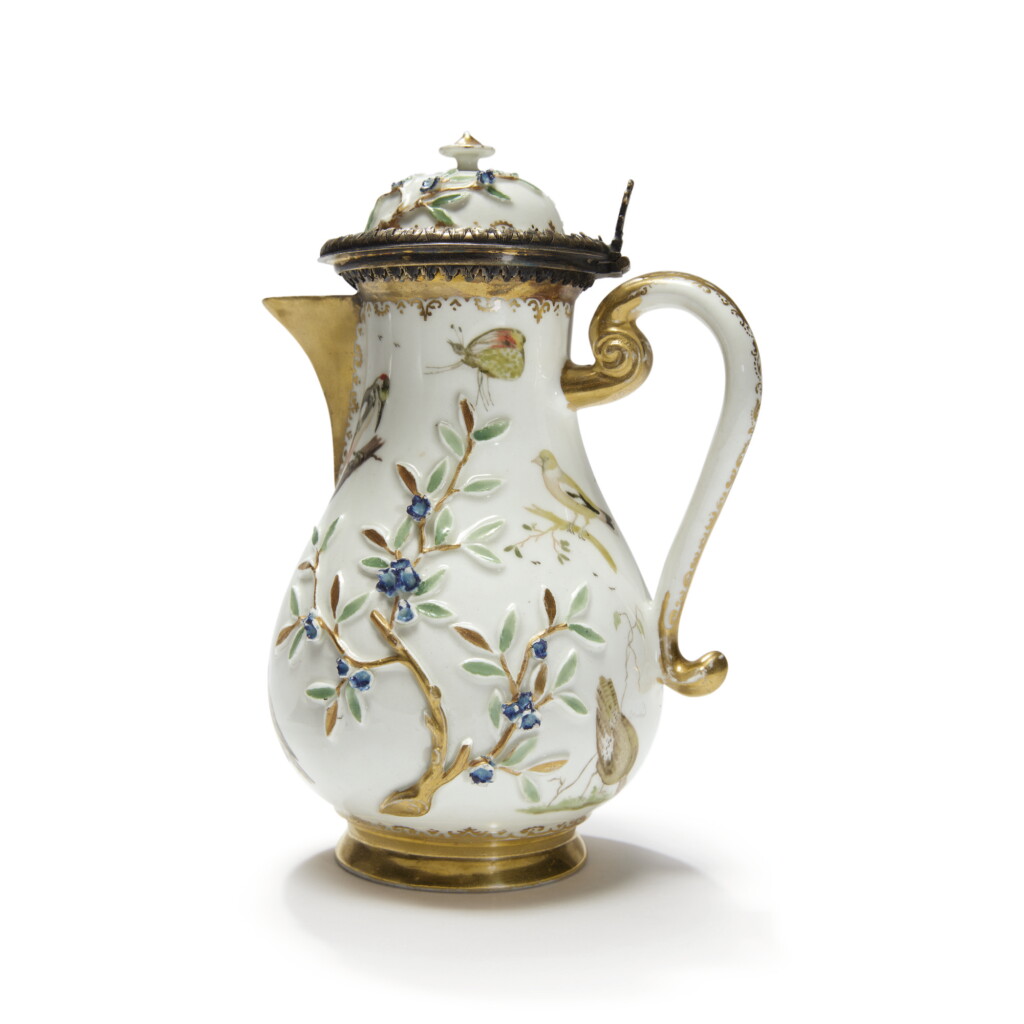 View full screen - View 1 of Lot 181. A MEISSEN HAUSMALER COFFEE POT AND COVER CIRCA 1725, WITH GERMAN SILVER-GILT MOUNTS, ELIAS ADAM, AUGSBURG, CIRCA 1724-28.