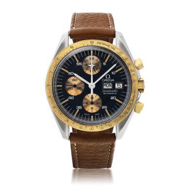 View full screen - View 1 of Lot 160. OMEGA | REFERENCE 376.0822 SPEEDMASTER AUTOMATIC 'HOLY GRAIL' A STAINLESS STEEL AND YELLOW GOLD AUTOMATIC CHRONOGRAPH WRISTWATCH WITH DAY AND DATE MADE FOR THE ITALIAN MARKET, CIRCA 1988.