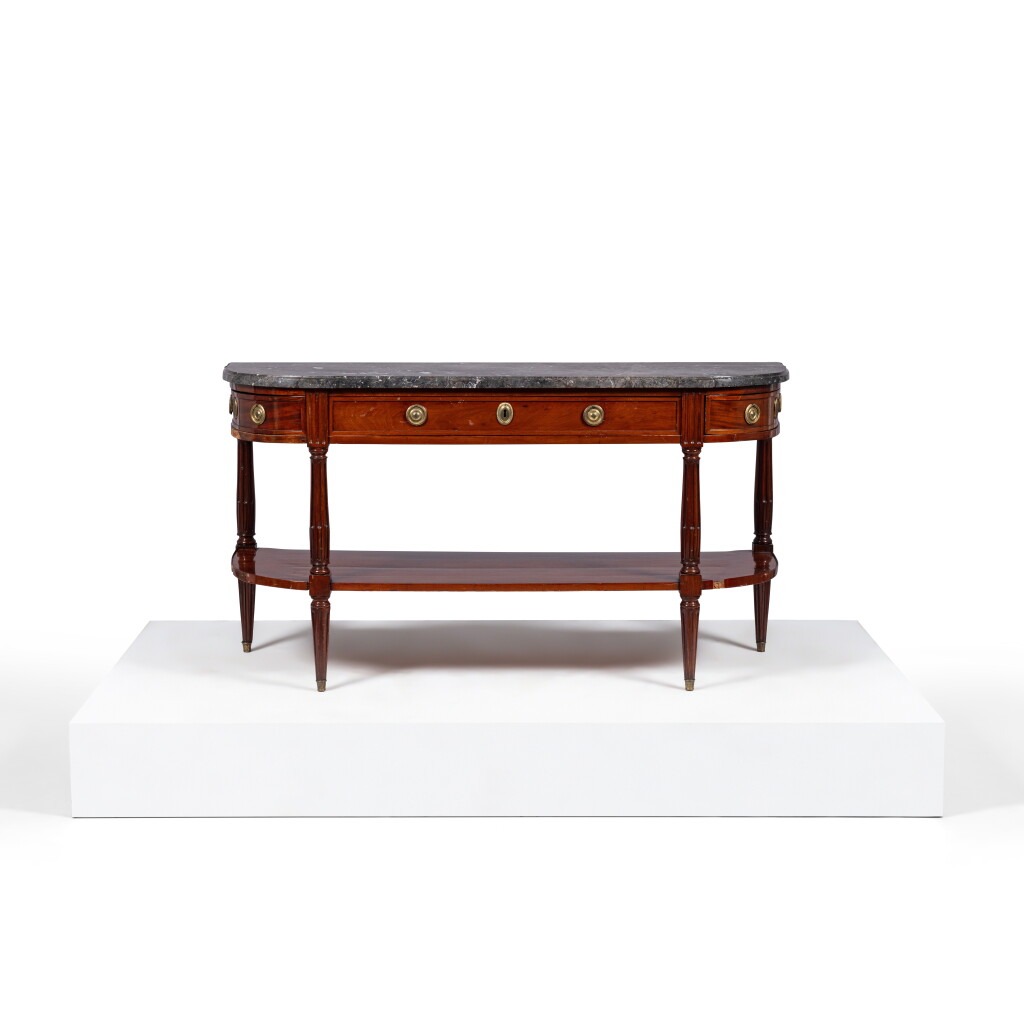 View full screen - View 1 of Lot 160. A Louis XVI mahogany and mahogany veneered console desserte, stamped Jean-Pierre Dusautoy.