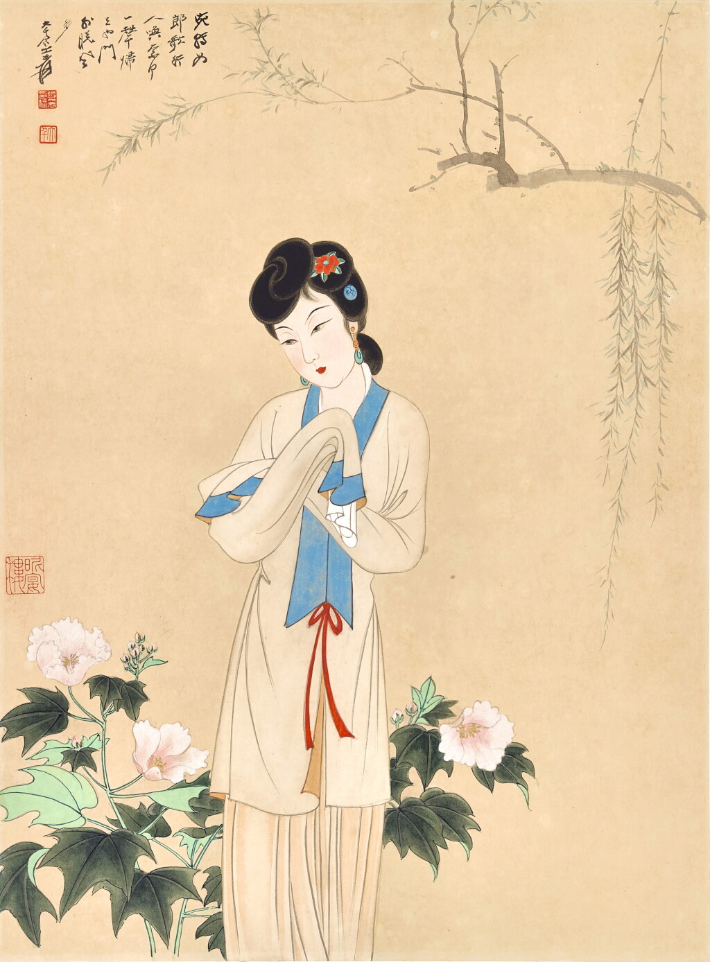 View full screen - View 1 of Lot 3200. 張大千 芙蓉映照娉婷臉 | Zhang Daqian (Chang Dai-chien, 1899-1983) , Lady by Hibiscus Grove.