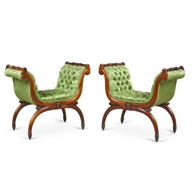 View full screen - View 1 of Lot 228. A pair of Regency rosewood X-frame window seats, early 19th century.