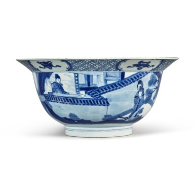 View full screen - View 1 of Lot 34. A blue and white 'figural' bowl, Qing dynasty, Kangxi period.