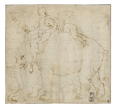 View full screen - View 1 of Lot 13. Two Putti on the Back of an Elephant, Study for a Stucco Medallion in the West Lunette on the Vault of the Camera delle Aquile, Palazzo Te.