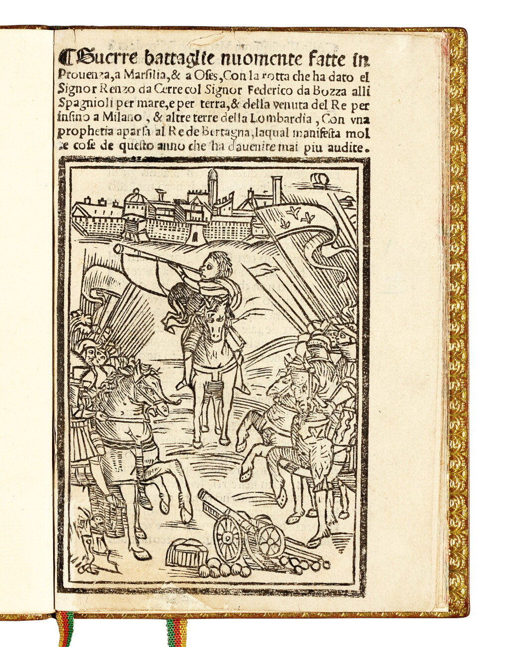 View full screen - View 1 of Lot 438. Tromba, Guerre battaglie nuovamente fatte in Provenza, Perugia, 1525, later morocco, D'Essling copy.