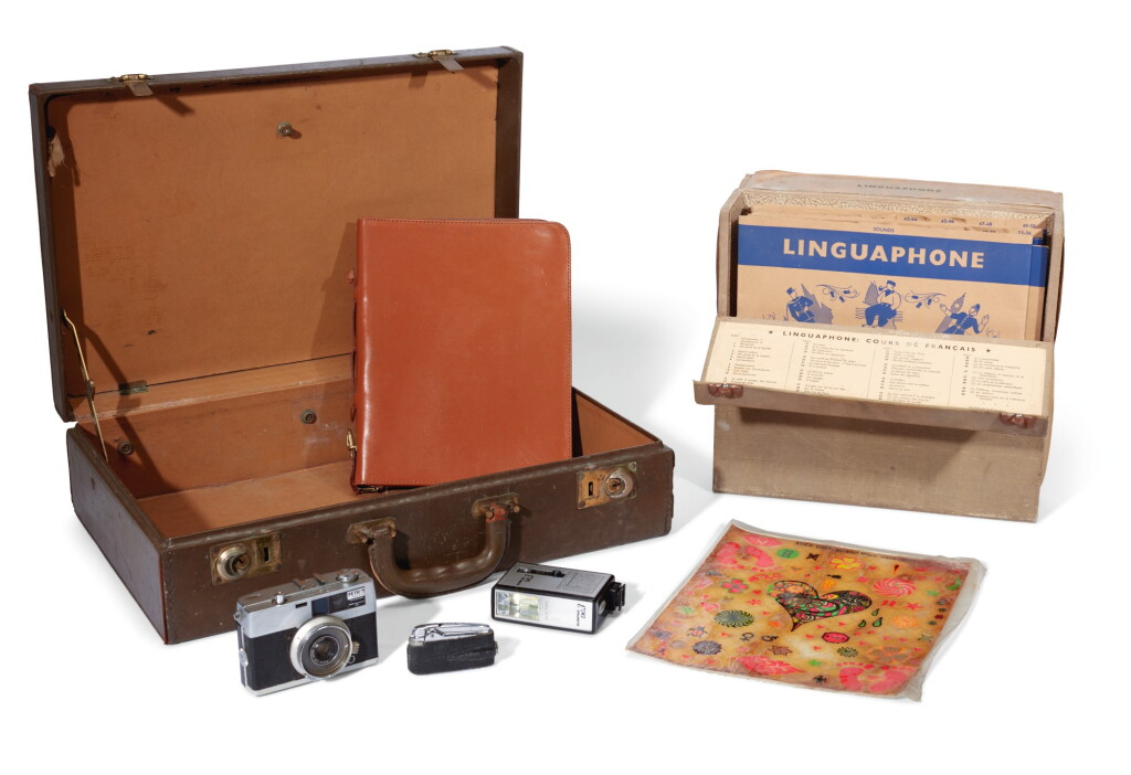 View full screen - View 1 of Lot 13. THE BEATLES | Ronson cigarette lighter; Petri Half 7 Camera & Solid State DC3 Flash; leather writing case & small case.