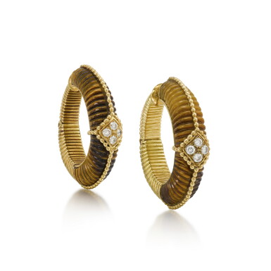 View full screen - View 1 of Lot 234. Pair of Tiger's Eye and Diamond Earrings.