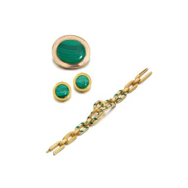 View full screen - View 1 of Lot 1145. Gold and enamel bracelet, circa 1841 and a malachite demi-parure, mid-19th century.