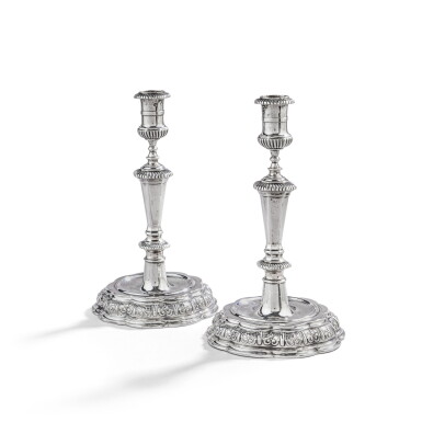 View full screen - View 1 of Lot 534. A pair of German silver candlesticks, by Peter Kick, Augsburg, circa 1710-1720 .