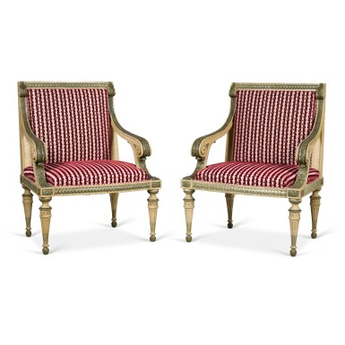 View full screen - View 1 of Lot 92. A pair of North Italian green and white painted armchairs, Milan, late 18th century.
