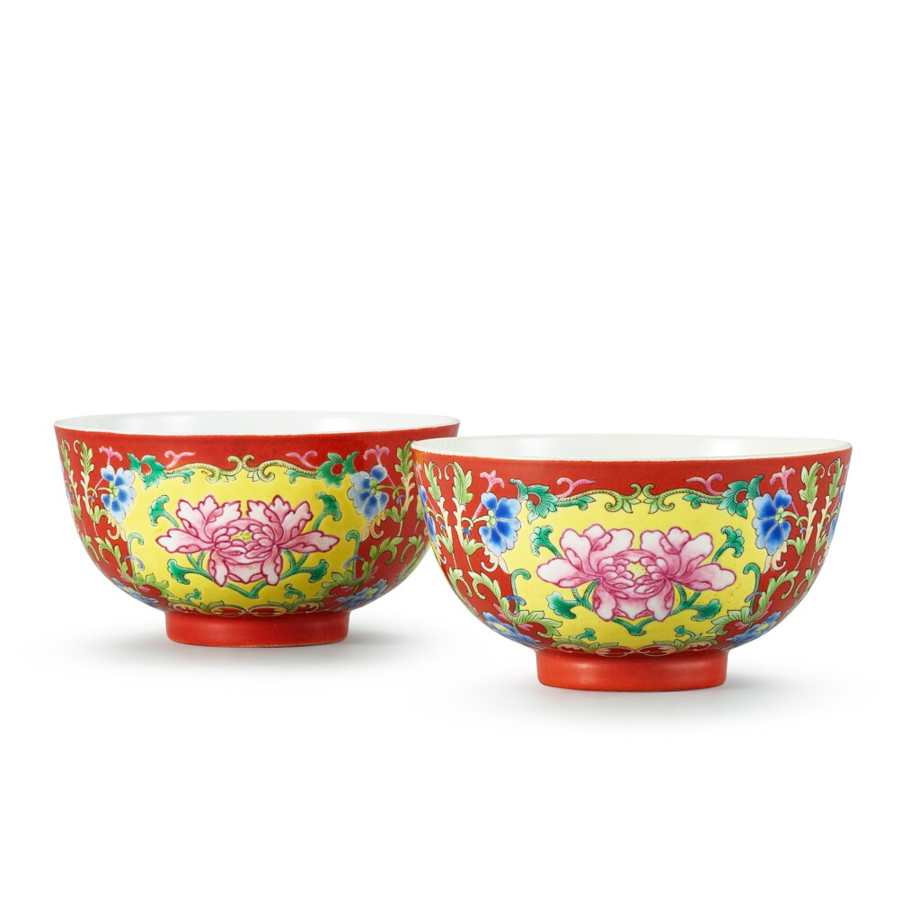 View full screen - View 1 of Lot 440. A pair of coral-ground famille-rose 'peony' bowls, Seal marks and period of Daoguang 清道光 粉彩珊瑚紅地開光牡丹紋盌一對 《大清道光年製》款.