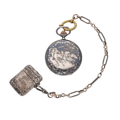 View full screen - View 1 of Lot 116. Clairmont, Chaux-de-Fonds No. 158091 A silver and niello hunting cased keyless lever watch with equestrian themed decoration Circa 1900.