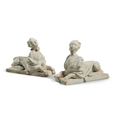 View full screen - View 1 of Lot 554. A Pair of Samson Biscuit Figures of Madame de Pompadour as a Sphinx, Late 19th Century.