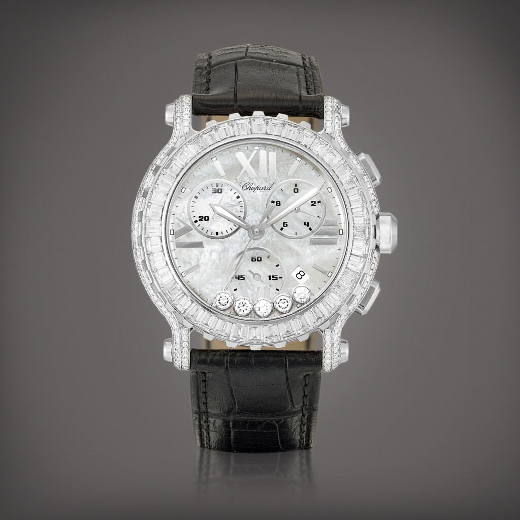 View full screen - View 1 of Lot 8893. Happy Sport, Reference 1269 | A white gold and diamond-set chronograph wristwatch with date and mother-of-pearl dial, Circa 2010 | 蕭邦 | Happy Sport 型號1269 | 白金鑲鑽石計時腕錶,備日期顯示及珠母貝錶盤,約2010年製.
