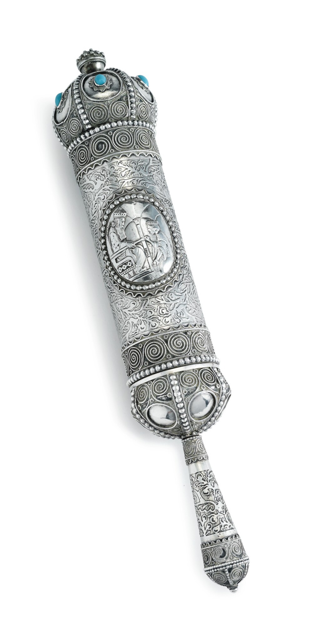 View full screen - View 1 of Lot 127. A BEZALEL SILVER AND GEM-SET ESTHER SCROLL CASE, JERUSALEM, CIRCA 1920.