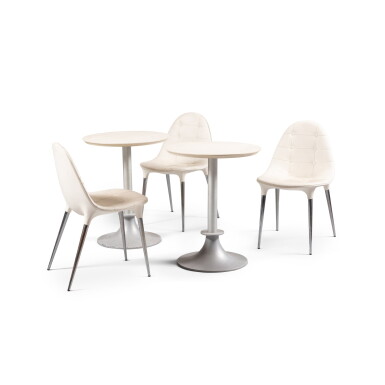 View full screen - View 1 of Lot 450. Set of five 245 Caprice chairs, designed in 2008 and a pair of Lord Yi occasional table, designed in 1995 | Set von fünf 245 Caprice Stühlen aus verchromtem Metall und Leder, Entwurf von 2008, und ein Paar Lord Yi Beistelltische aus Metall und Kunststoff, Entwurf von 1995.