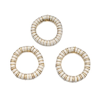 View full screen - View 1 of Lot 307. Three Gold, Enamel and Diamond Bracelets.