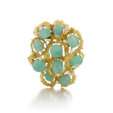 View full screen - View 1 of Lot 26. Emerald and diamond brooch/pendant, 1968.