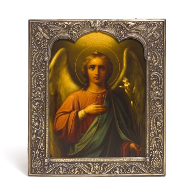 View full screen - View 1 of Lot 638. A silver icon of the Archangel Gabriel, painting by Feodor Platonov, oklad 1st Artel, Moscow, 1908-1917.