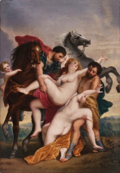 View full screen - View 1 of Lot 626. A German Porcelain Rectangular Plaque, 'The Rape of the Daughters of Leucippus', Late 19th Century.