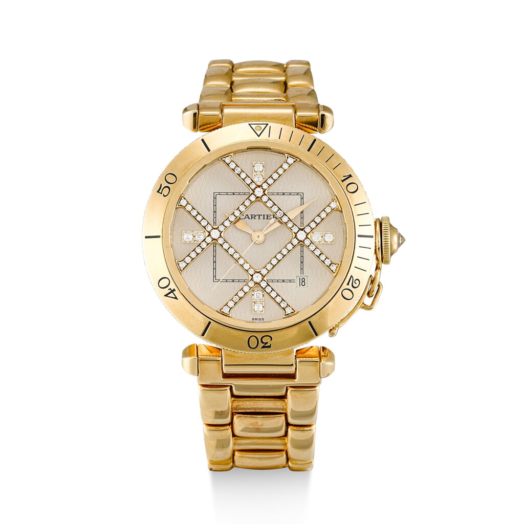 View full screen - View 1 of Lot 156. CARTIER | PASHA, REFERENCE 1023, A YELLOW GOLD AND DIAMOND-SET WRISTWATCH WITH DATE AND BRACELET, CIRCA 1990 .