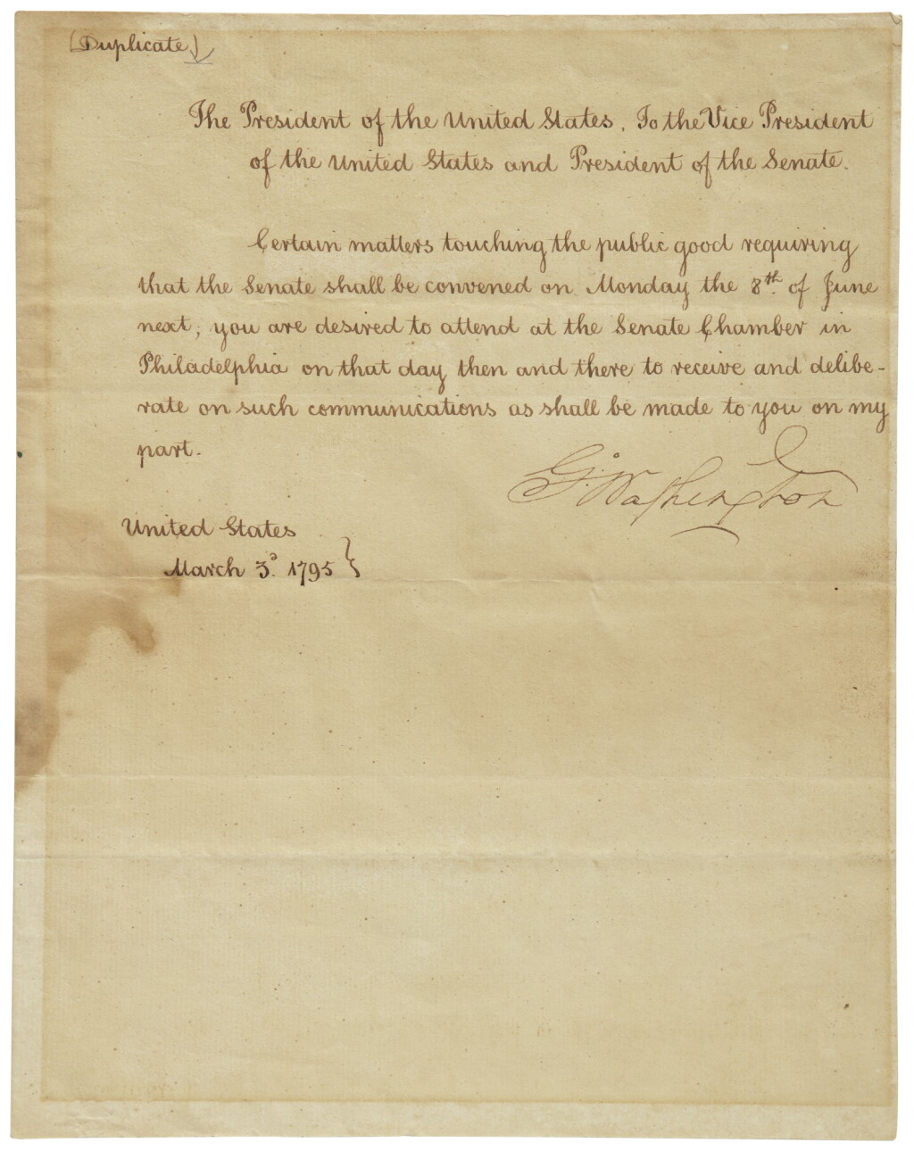 View full screen - View 1 of Lot 2220. Washington, George. Manuscript letter signed, to John Adams, 3 March 1795.
