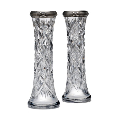 View full screen - View 1 of Lot 1343. A pair of Fabergé silver-mounted cut-glass bud vases, Moscow, 1908-1917.