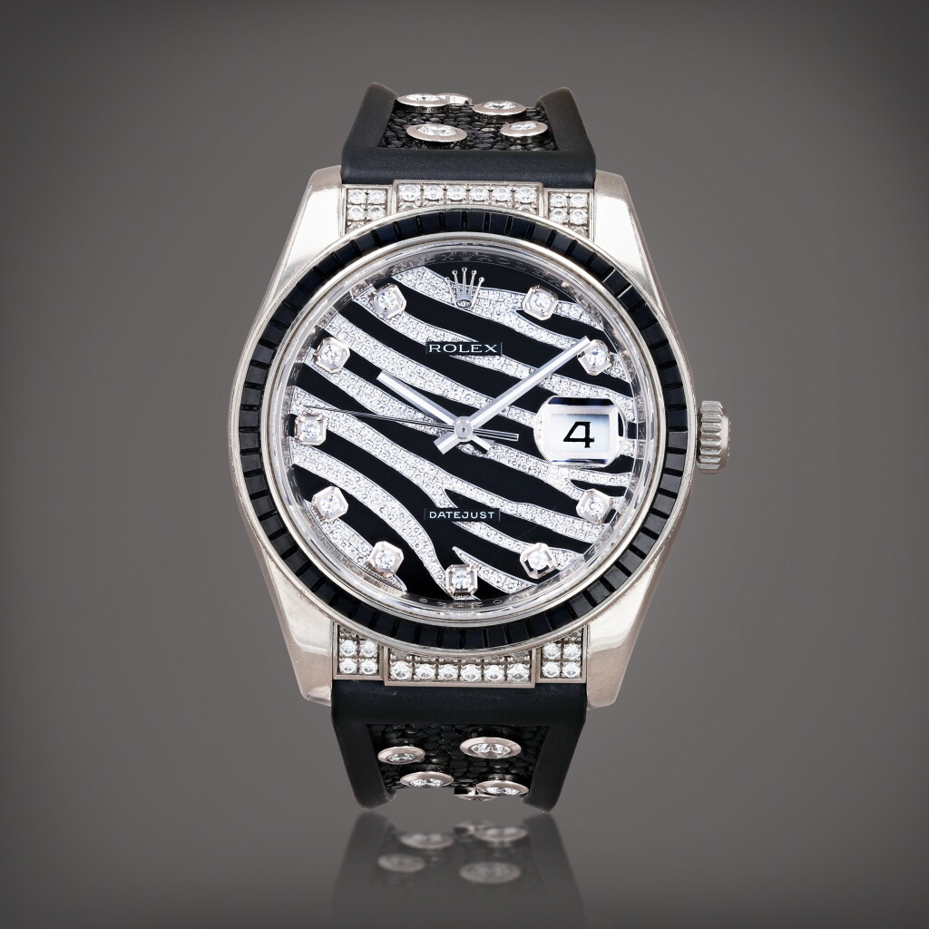 View full screen - View 1 of Lot 392. Datejust 'Zebra', reference 116199SANR Montre bracelet en or blanc sertie de diamants et saphirs noirs avec date | White gold, black sapphire and diamond-set wristwatch with date and bracelet Vers 2008 | Circa 2008.