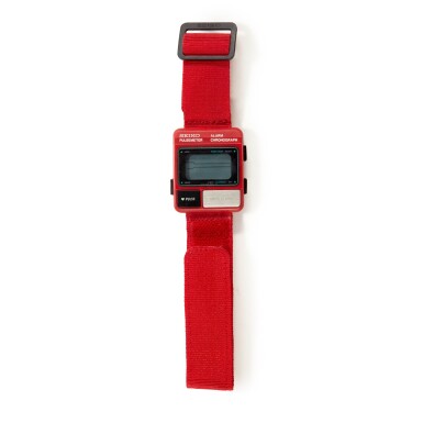 View full screen - View 1 of Lot 2347. A Seiko red plastic and stainless steel digital chronograph wristwatch with day, date, pulsometer and alarm, circa 1982.
