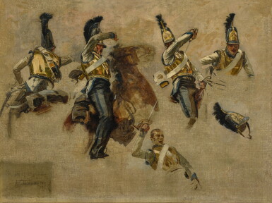 View full screen - View 1 of Lot 34. FRANÇOIS SCHOMMER | STUDIES OF A RUSSIAN SOLDIER IN COMBAT DURING THE NAPOLEONIC WAR .