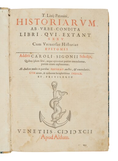 View full screen - View 1 of Lot 854. Livius, ab urbe condita, Venice, Aldo II, 1592, eighteenth-century half vellum.