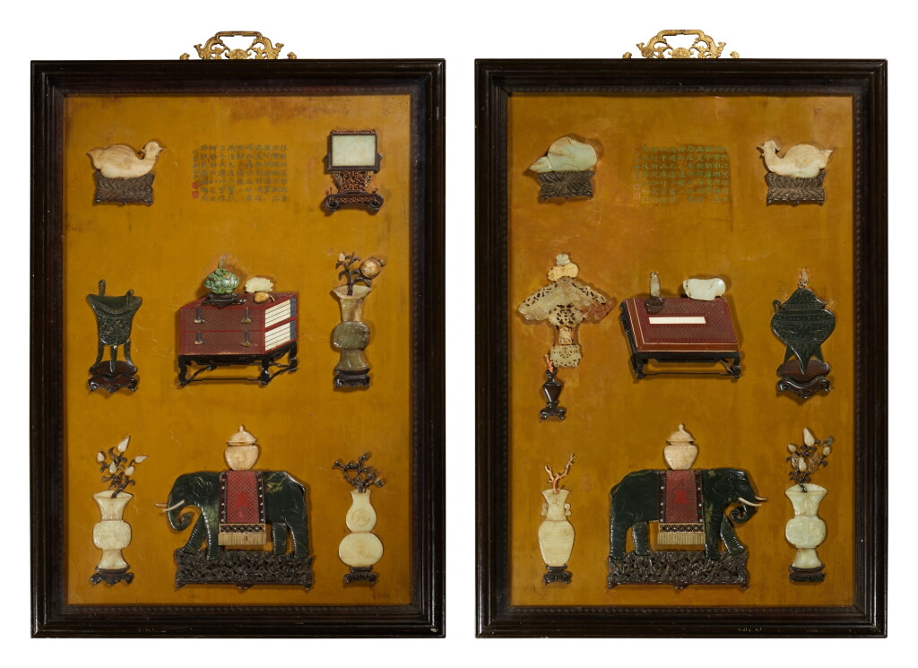 View full screen - View 1 of Lot 276. A pair of large hardstone and cinnabar lacquer-inlaid screens, Qing Dynasty, 18th/19th century | 清十八/十九世紀 大漆嵌百寶博古圖掛屏一對.
