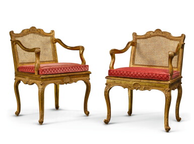 View full screen - View 1 of Lot 4. A PAIR OF LOUIS XV CANED CARVED GILTWOOD MUSIC CHAIRS CIRCA 1750.