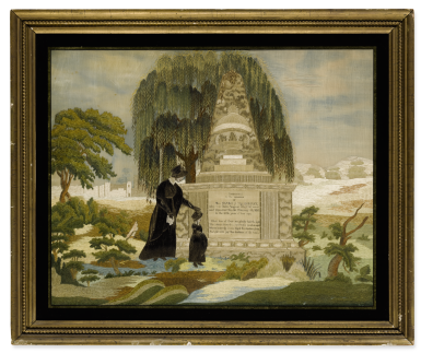 View full screen - View 1 of Lot 1043. AMERICAN SCHOOL, 19TH CENTURY | SILKWORK EMBROIDERED AND PAINTED MOURNING PICTURE: MRS. SARAH J. TILLINGHAST OF PROVIDENCE, RHODE ISLAND.