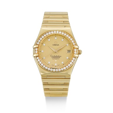 View full screen - View 1 of Lot 151. OMEGA | CONSTELLATION, A YELLOW GOLD AND DIAMOND-SET BRACELET WATCH WITH DATE, CIRCA 1995.