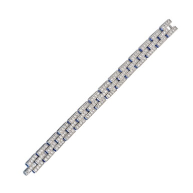View full screen - View 1 of Lot 73. Cartier | Diamond and Sapphire Bracelet 卡地亞 鑽石配藍寶石手鏈.