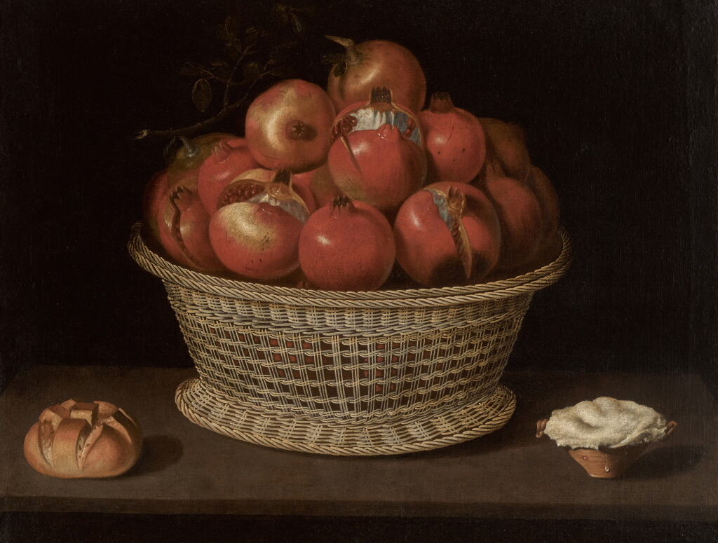 View full screen - View 1 of Lot 25. Still life of pomegranates in a basket, a bread roll and a pastry on a ledge.